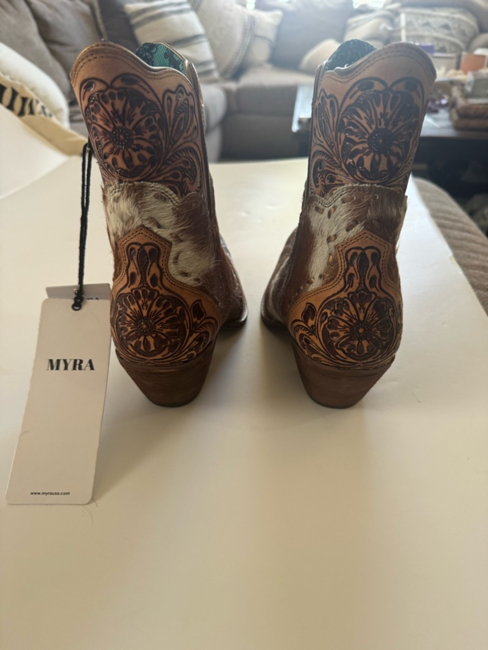 Myra Bag Brown & White Cowhide Tooled Leather Ankle Boots 8 - Picture 8 of 11